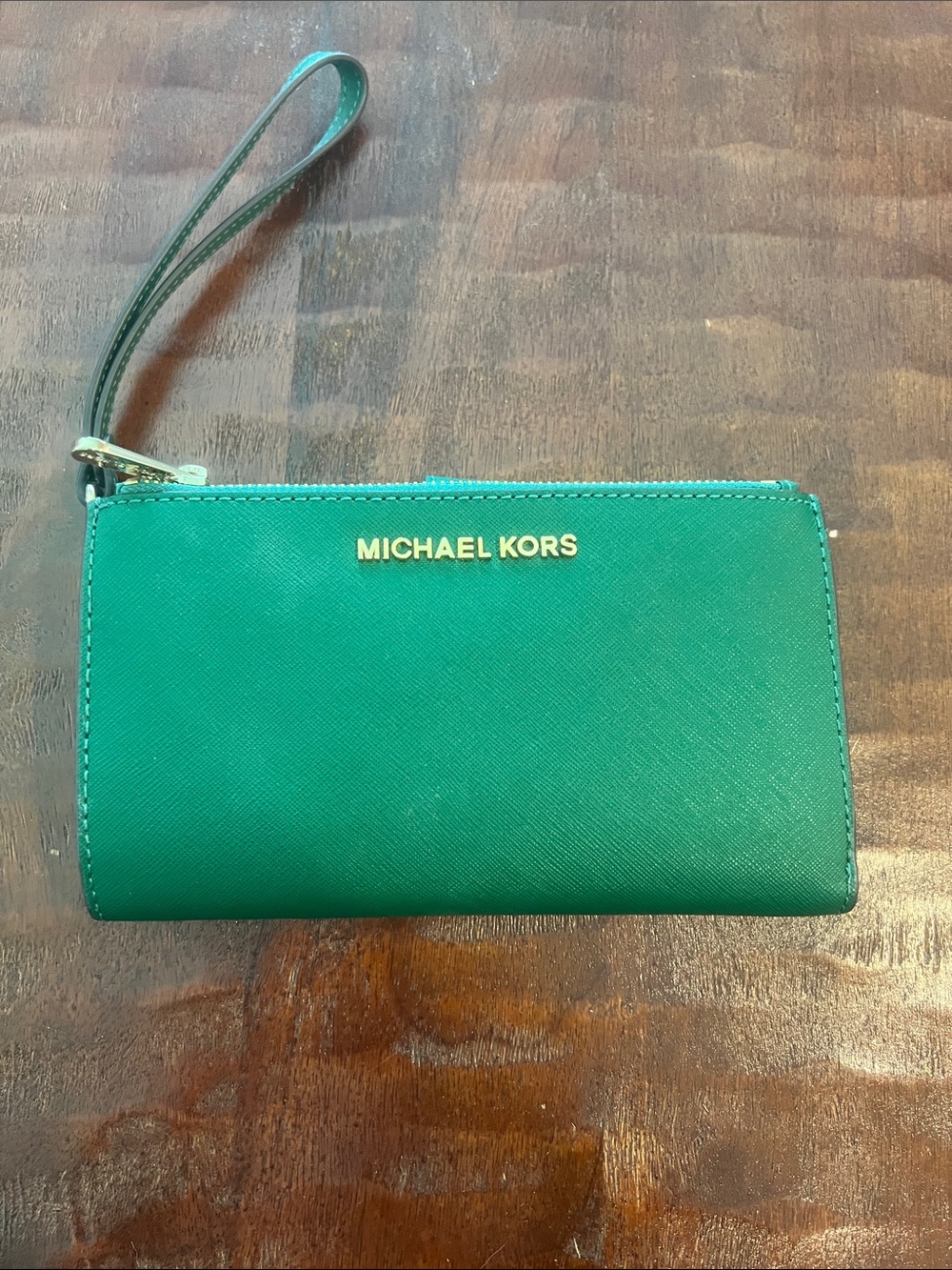 Michael Kors Green Leather Wristlet Wallet with Gold Logo
